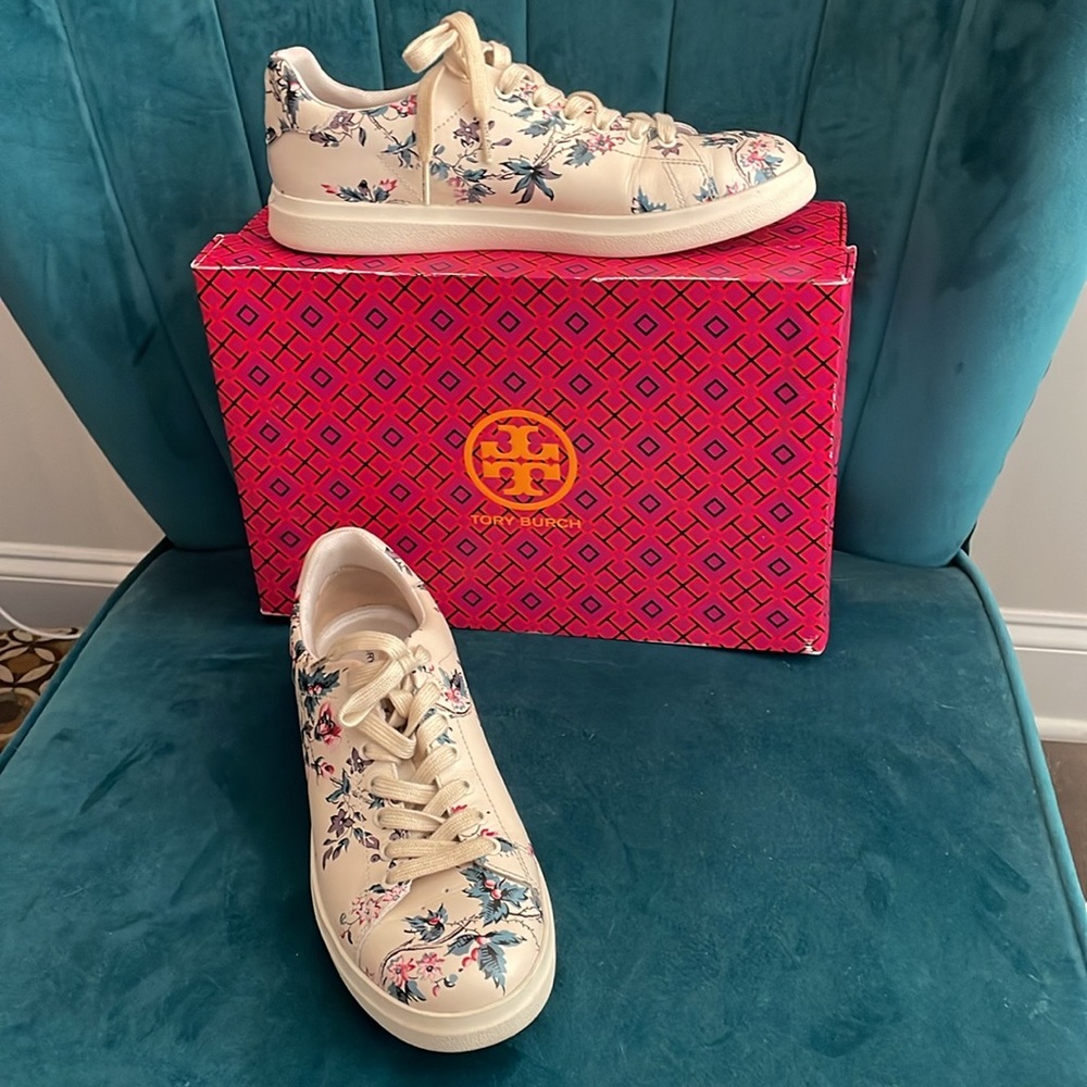 Tory Burch Cream Floral Leather Sneakers